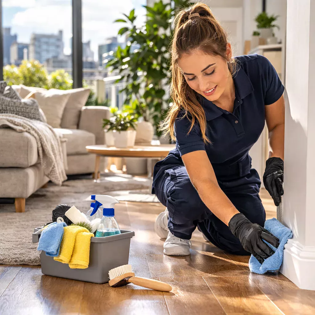 Always Clean detail-cleaning baseboards and floors in a Port Charlotte living room